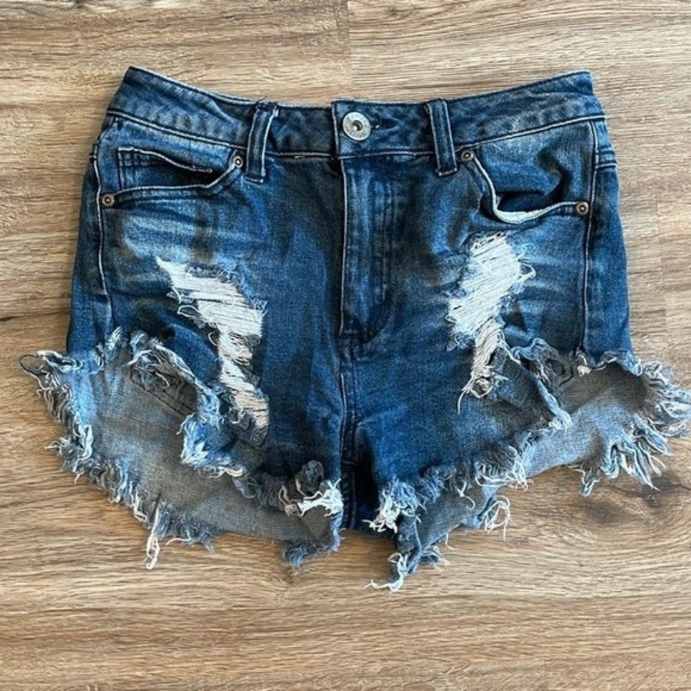 Rewash Distressed Ripped Dark Wash Raw Hem Denim Jean Festival Shorts